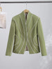 Women's Olive Green Striped Blazer with a Sculpted Waist and Asymmetric Hem