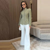 Women's Olive Green Striped Blazer with a Sculpted Waist and Asymmetric Hem