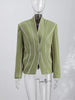 Women's Olive Green Striped Blazer with a Sculpted Waist and Asymmetric Hem