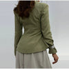 Women's Olive Green Striped Blazer with a Sculpted Waist and Asymmetric Hem