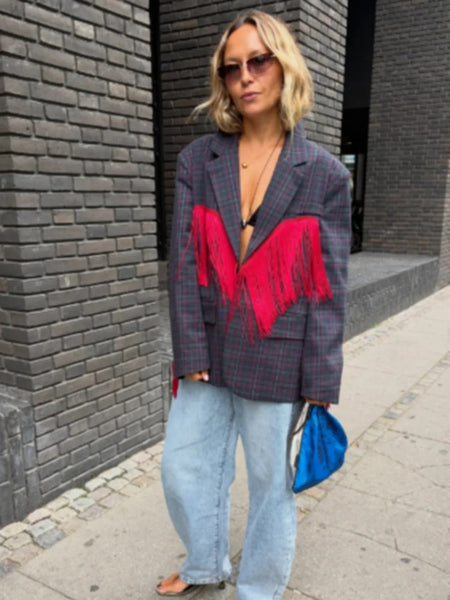 Women's Loose-Fit Blazer with Fringe Trim and a Vintage-Inspired Look