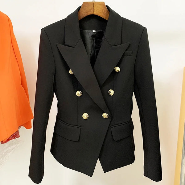 Women's Double-Breasted Blazer with Gold Lion-Head Buttons and Long Sleeves