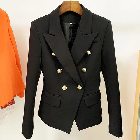Women's Double-Breasted Blazer with Gold Lion-Head Buttons and Long Sleeves