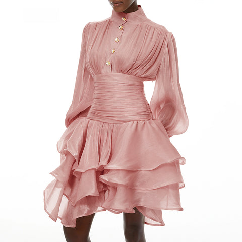 Elegant Pink High Neck Organza Fabric Mini Dresses for Women Puff Sleevs Ruched Waist Tiered Ruffles for Cocktail Parties