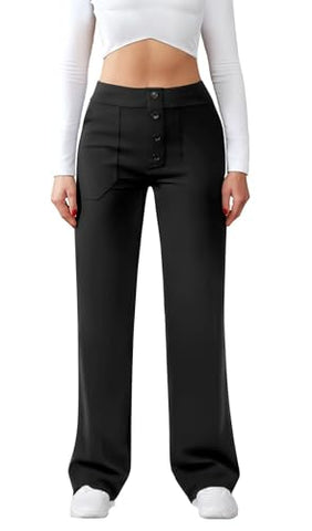 Women's Straight-Leg Work Pants, Polyester-Spandex Blend, High Waist, Button Closure and Side Pockets