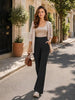 Women's Flare-Leg Work Trousers, Polyester-Spandex Blend, High Waist, Pull-On Style and Back Pockets