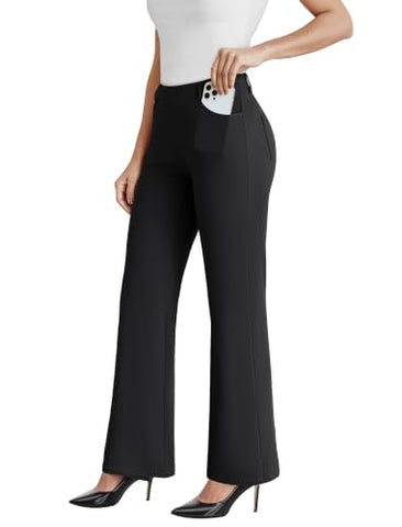 Women's Flare-Leg Work Trousers, Polyester-Spandex Blend, High Waist, Pull-On Style and Back Pockets