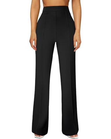 Women's Straight-Leg Dress Pants, Polyester-Spandex Blend, High Waist, Pull-On Design and Pockets