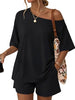 Women's Two-Piece Shorts Set, Rayon-Spandex Blend, Off-Shoulder Short-Sleeve Top and Loose-Fit Shorts