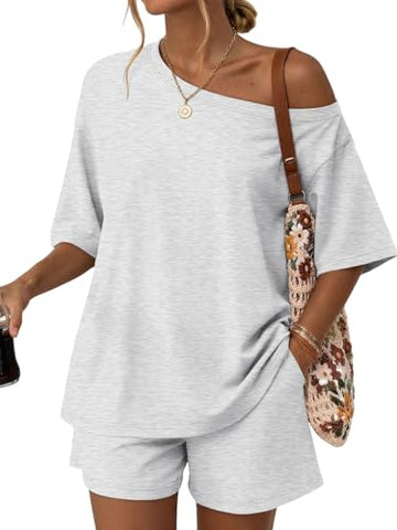 Women's Two-Piece Shorts Set, Rayon-Spandex Blend, Off-Shoulder Short-Sleeve Top and Loose-Fit Shorts