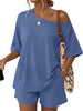 Women's Two-Piece Shorts Set, Rayon-Spandex Blend, Off-Shoulder Short-Sleeve Top and Loose-Fit Shorts