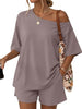 Women's Two-Piece Shorts Set, Rayon-Spandex Blend, Off-Shoulder Short-Sleeve Top and Loose-Fit Shorts