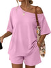 Women's Two-Piece Shorts Set, Rayon-Spandex Blend, Off-Shoulder Short-Sleeve Top and Loose-Fit Shorts