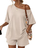 Women's Two-Piece Shorts Set, Rayon-Spandex Blend, Off-Shoulder Short-Sleeve Top and Loose-Fit Shorts