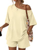 Women's Two-Piece Shorts Set, Rayon-Spandex Blend, Off-Shoulder Short-Sleeve Top and Loose-Fit Shorts