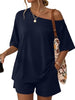 Women's Two-Piece Shorts Set, Rayon-Spandex Blend, Off-Shoulder Short-Sleeve Top and Loose-Fit Shorts
