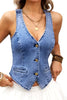 Women's Cropped Denim Vest, Cotton-Blend Fabric, V-Neck, Button Front, Adjustable Back Tie and Faux Pockets