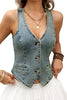 Women's Cropped Denim Vest, Cotton-Blend Fabric, V-Neck, Button Front, Adjustable Back Tie and Faux Pockets