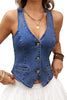 Women's Cropped Denim Vest, Cotton-Blend Fabric, V-Neck, Button Front, Adjustable Back Tie and Faux Pockets