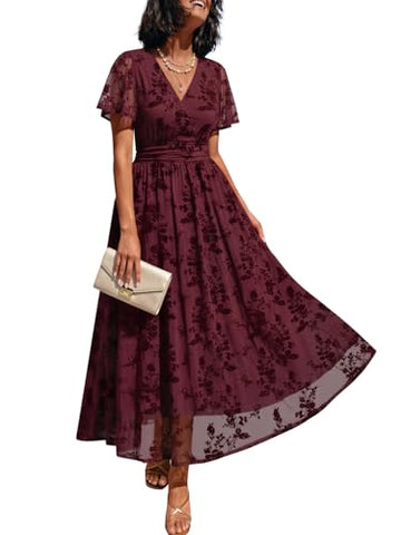 Women's Floral Wrap-Style Maxi Dress, Polyester-Spandex Blend, V-Neck, Short Sleeves and Pockets