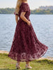 Women's Floral Wrap-Style Maxi Dress, Polyester-Spandex Blend, V-Neck, Short Sleeves and Pockets