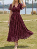 Women's Floral Wrap-Style Maxi Dress, Polyester-Spandex Blend, V-Neck, Short Sleeves and Pockets