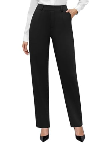 Women's Straight-Leg Work Pants, Polyester-Spandex Blend, Elastic High Waist and Tailored Ankle-Length Cut
