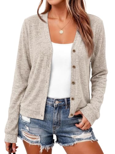 Women's V-Neck Cardigan, Polyester-Rayon-Spandex Blend, Long Sleeves and Button-Front Closure