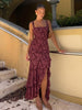 Women's Floral Maxi Dress, Polyester-Spandex Blend, Square Neck, Sleeveless Ruched Mermaid Ruffle Design