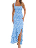 Women's Floral Maxi Dress, Polyester-Spandex Blend, Square Neck, Sleeveless Ruched Mermaid Ruffle Design