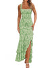 Women's Floral Maxi Dress, Polyester-Spandex Blend, Square Neck, Sleeveless Ruched Mermaid Ruffle Design