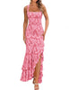 Women's Floral Maxi Dress, Polyester-Spandex Blend, Square Neck, Sleeveless Ruched Mermaid Ruffle Design
