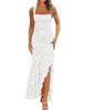 Women's Floral Maxi Dress, Polyester-Spandex Blend, Square Neck, Sleeveless Ruched Mermaid Ruffle Design