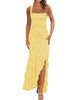 Women's Floral Maxi Dress, Polyester-Spandex Blend, Square Neck, Sleeveless Ruched Mermaid Ruffle Design