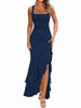 Women's Floral Maxi Dress, Polyester-Spandex Blend, Square Neck, Sleeveless Ruched Mermaid Ruffle Design