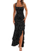 Women's Floral Maxi Dress, Polyester-Spandex Blend, Square Neck, Sleeveless Ruched Mermaid Ruffle Design