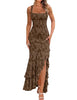 Women's Floral Maxi Dress, Polyester-Spandex Blend, Square Neck, Sleeveless Ruched Mermaid Ruffle Design