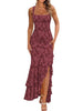 Women's Floral Maxi Dress, Polyester-Spandex Blend, Square Neck, Sleeveless Ruched Mermaid Ruffle Design