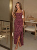 Women's Floral Maxi Dress, Polyester-Spandex Blend, Square Neck, Sleeveless Ruched Mermaid Ruffle Design
