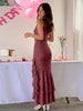 Women's Floral Maxi Dress, Polyester-Spandex Blend, Square Neck, Sleeveless Ruched Mermaid Ruffle Design