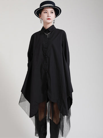Women Black Irregular Hem Big Size Shirt Dress Lapel Long Sleeve Loose Fit Tide Spring Autumn 1DE2485