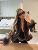 Printed Faux Fur Splicing Jacket Autumn Winter V-neck Slim Waist Cinched Full Sleeve Cropped Coat Women's Outwear