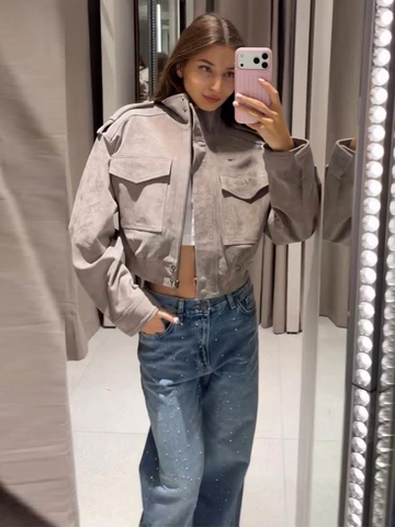 Vintage Stand Collar Women's Coat Full Sleeve Pocket Zippers Loose Lady Short Jackets Autumn Winter Female Streetwear