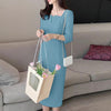 Elegant Women Slim Knee-length Dress Square Neck 3/4 Sleeve Seamed Party Vestidos Casual Commute Solid Short Robe