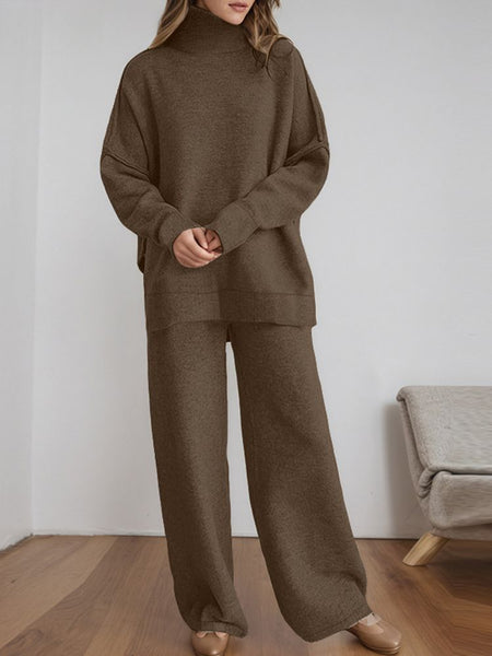 Women's Knitted 2 Pieces Pant Sets Casual Loose Turtleneck Long Sleeve Pullovers and Wide Leg Pant Suits Daily Outfits