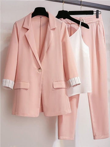 spring plus size Korean elegant women's suit female blazer leisure pants Tweed suit jacket three piece jacket pants set