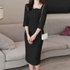 Elegant Women Slim Knee-length Dress Square Neck 3/4 Sleeve Seamed Party Vestidos Casual Commute Solid Short Robe