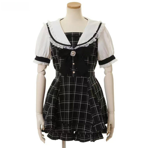 Japanese Gothic Y2k Lolita Plaid Dress Shorts Set Women Sweet Bow Sailor Collar Puff Sleeve Party Dresses Female A-Line Dress