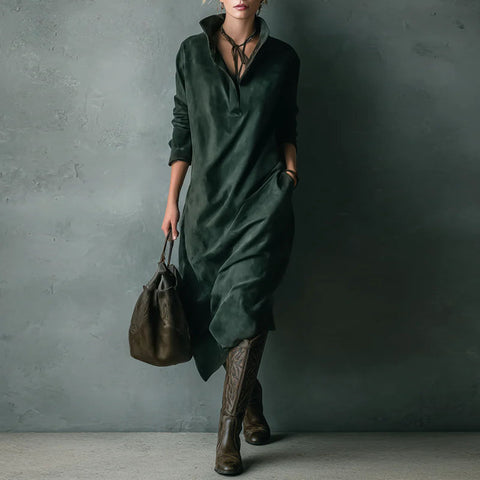 Vintage Solid Suede Female Clothing Autumn Turn-down Collar Button Pullover Dress Winter Long Sleeve Woman Party Dresses