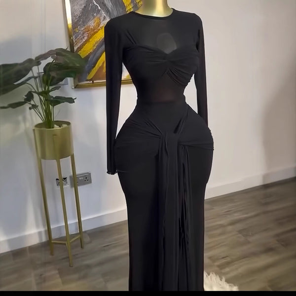 Women Mesh See Though Long Sleeve Maxi Bowknot Long Dress Evening Sexy Club Party Evening High Street Dresses